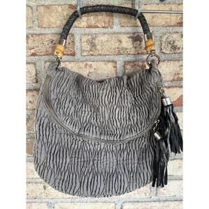 Vintage Elaine Turner Gray Pleated Hobo Bag With Leather Bamboo Accents